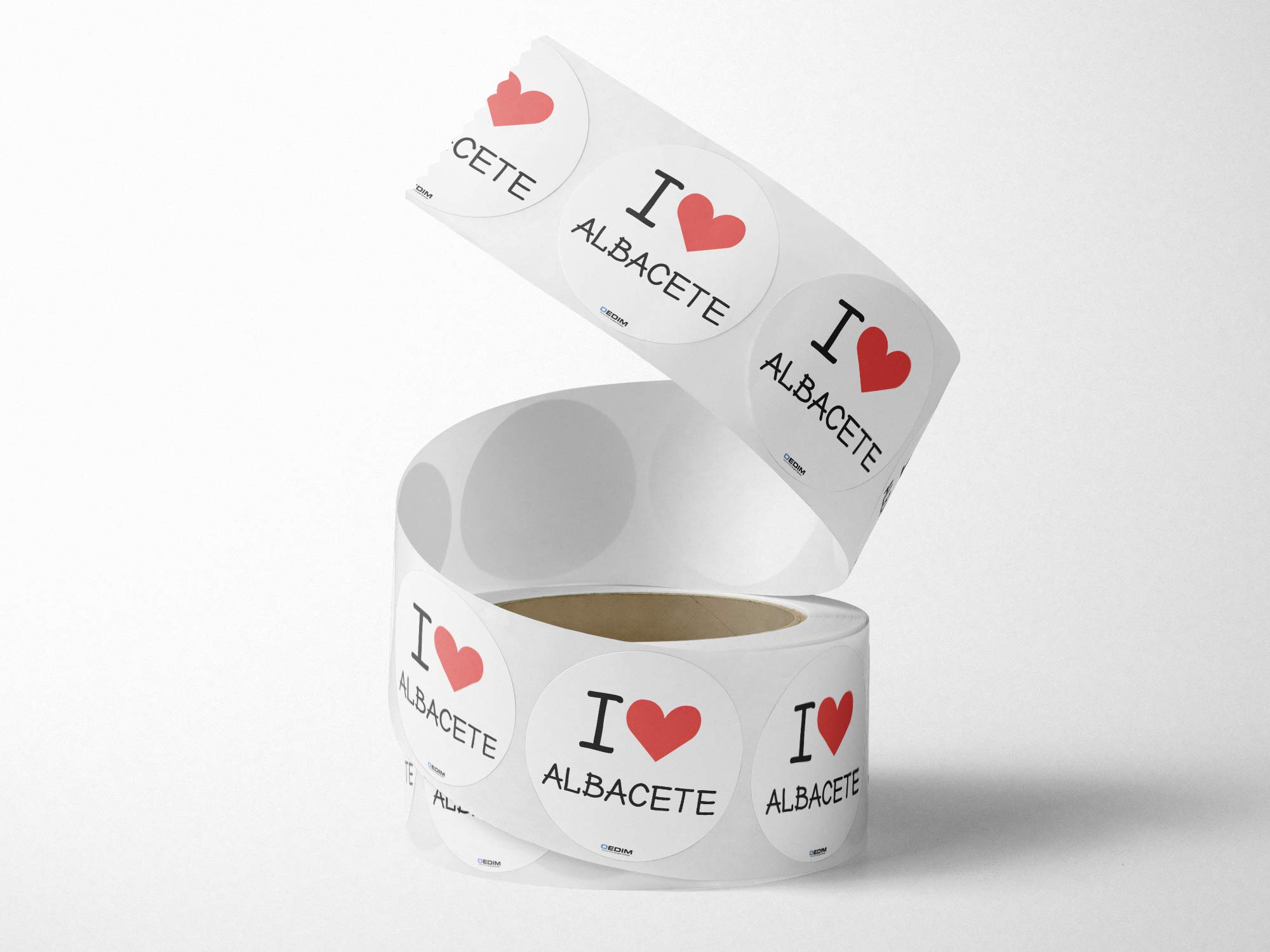 Oedim Rollo Bobina con 1000 Etiquetas de I Love Albacete | 5cm de diámetro | Fabricadas en Polipropileno Blanco Adhesivo