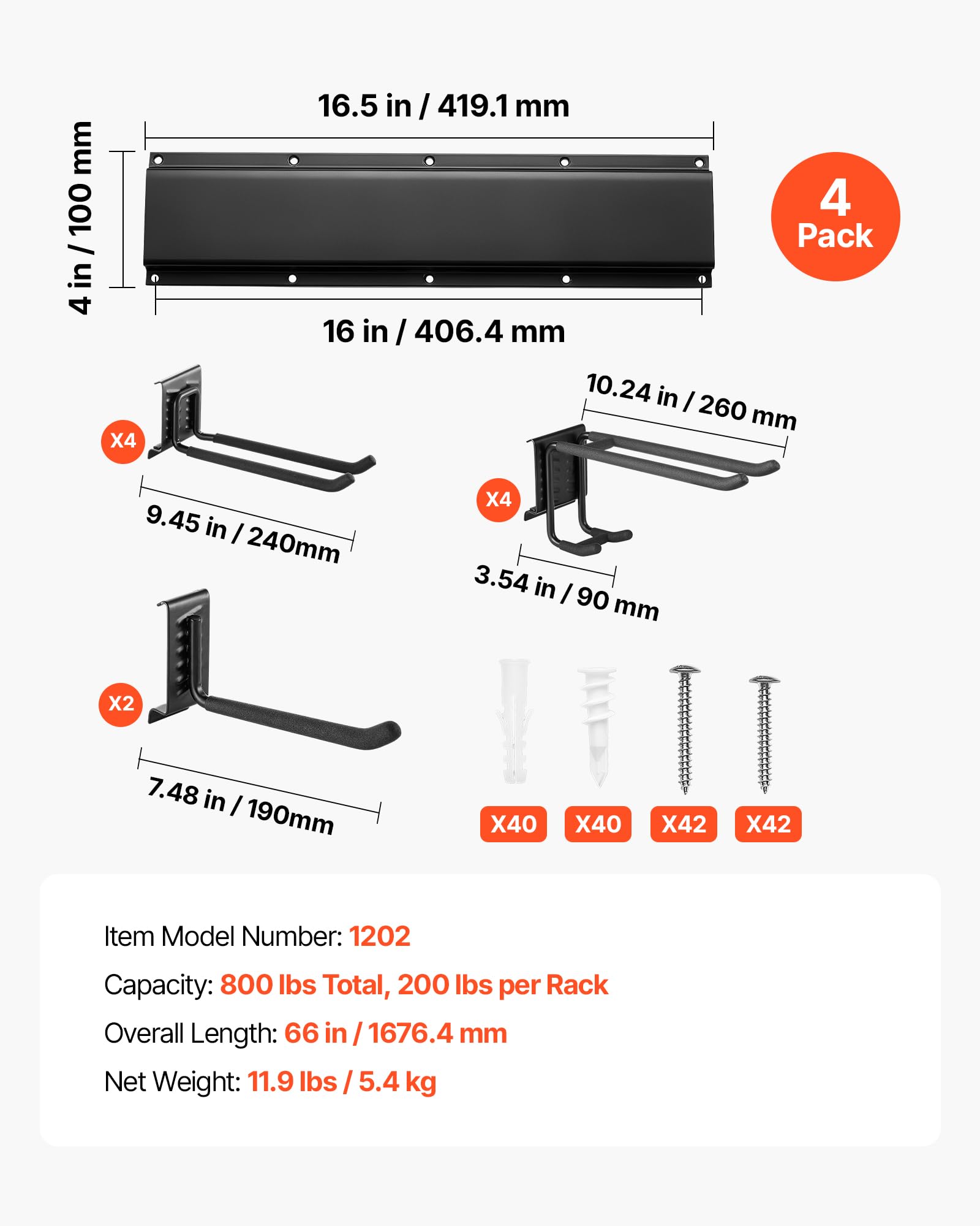 VEVOR Porte-Outils de Jardin Mural 1676,4 mm Support Mural Outils 363 kg