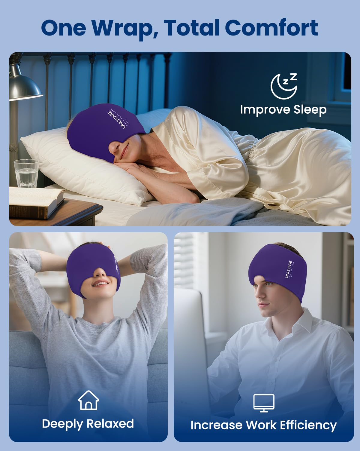 ONLYCARE Gorro de alivio de migraña, gorro mejorado para aliviar el dolor de cabeza con envoltura de gel reutilizable sin olor, máscara de hielo facial calmante con terapia de frío y calor para la