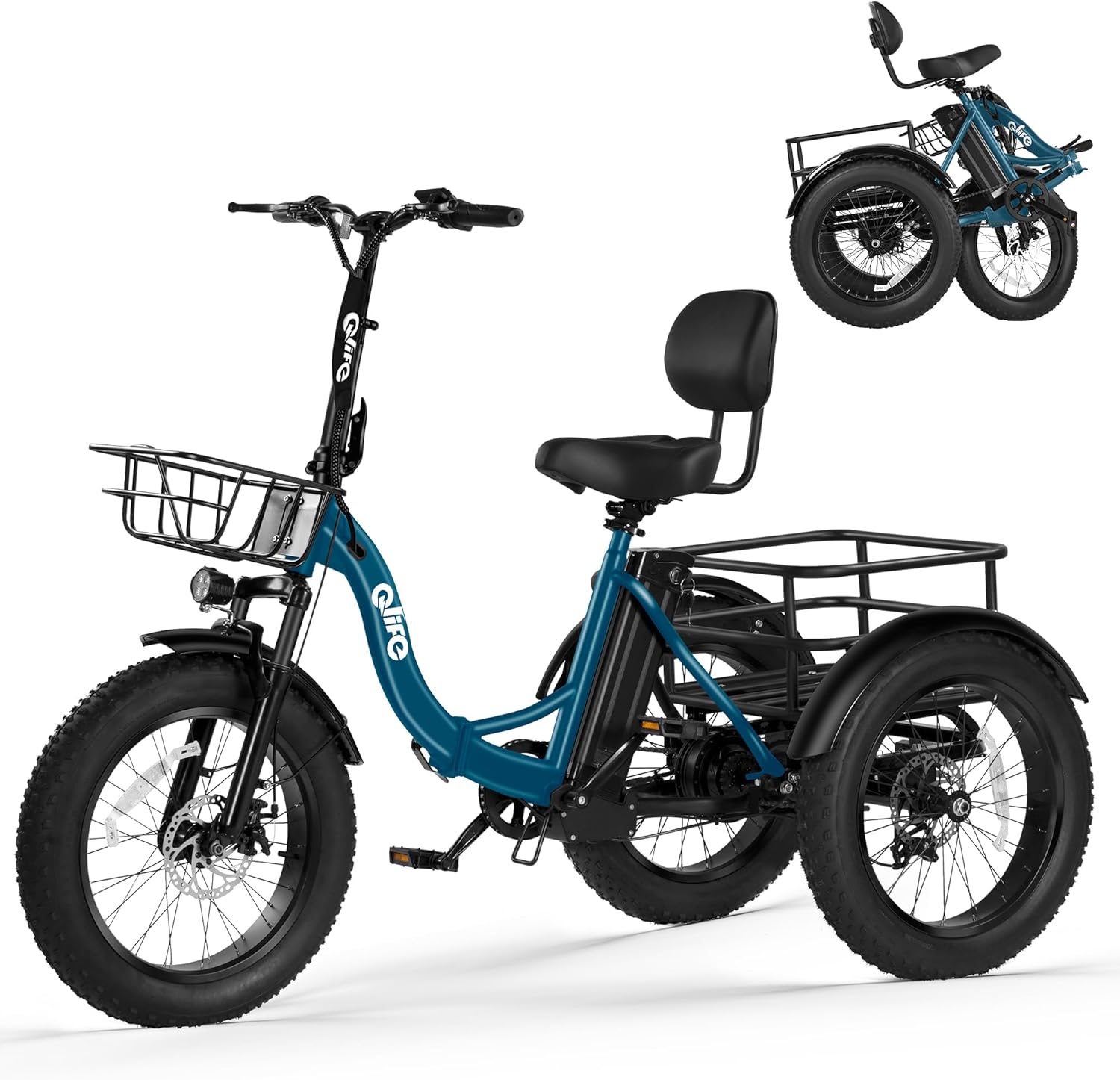 Qlife Triker Plus Electric Trike for Adults, Peak 1200W Motor Floding Trike Ebike, 624Wh E-Bike, 20MPH 65 Miles Electric Tricycle for Adults, 20x4.0 Fat Tire E-Bike, Foldable 3 Wheel for Adults