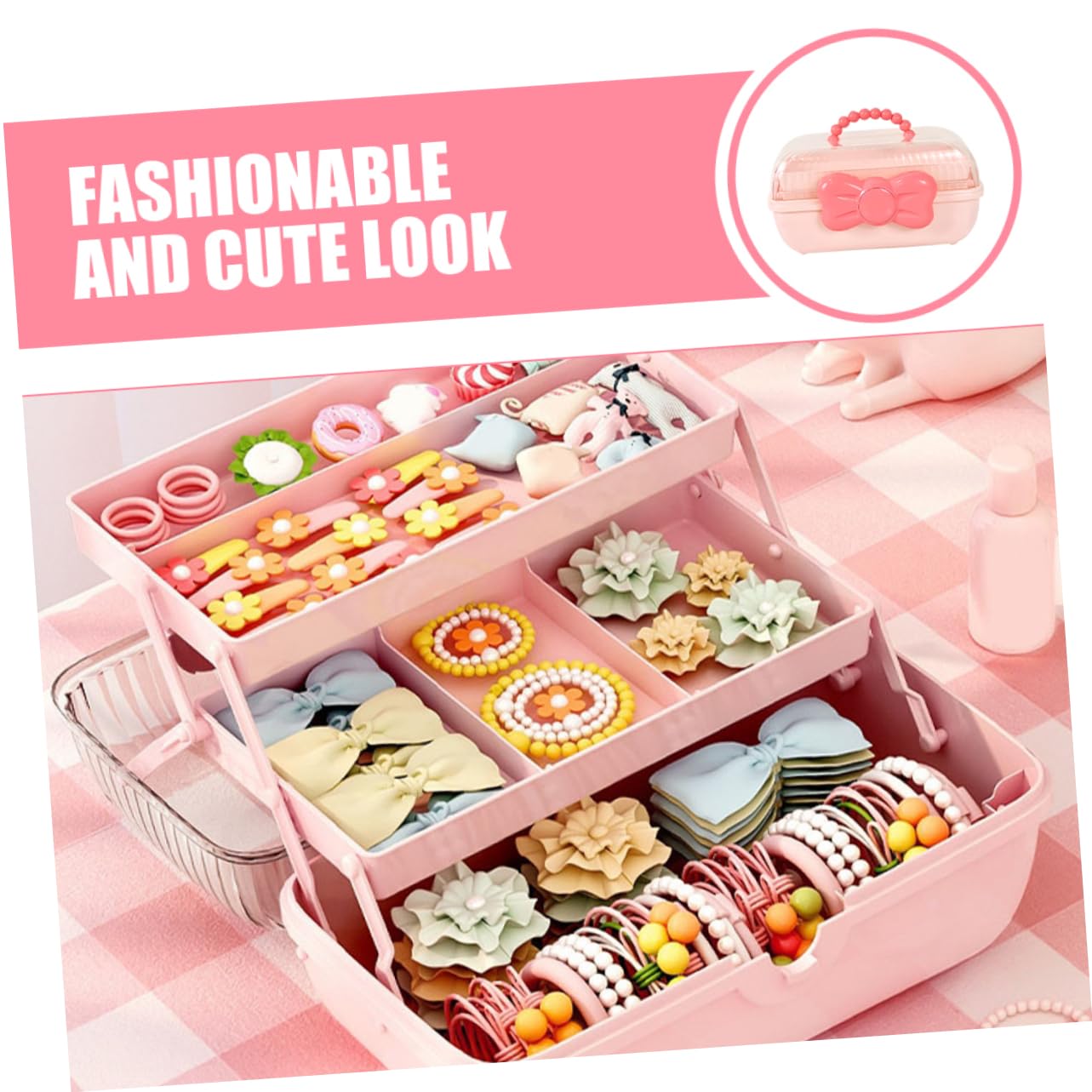 SOLUSTRE 2 Stück Süße Schleife Mädchen Schmuck Aufbewahrungsbox Tragbar Tragbar Haarband Haarspange Kopf Blume Mehrschichtiges Fach Schmuckschatulle Rosa Haarschleife Mädchen Haarschmuck