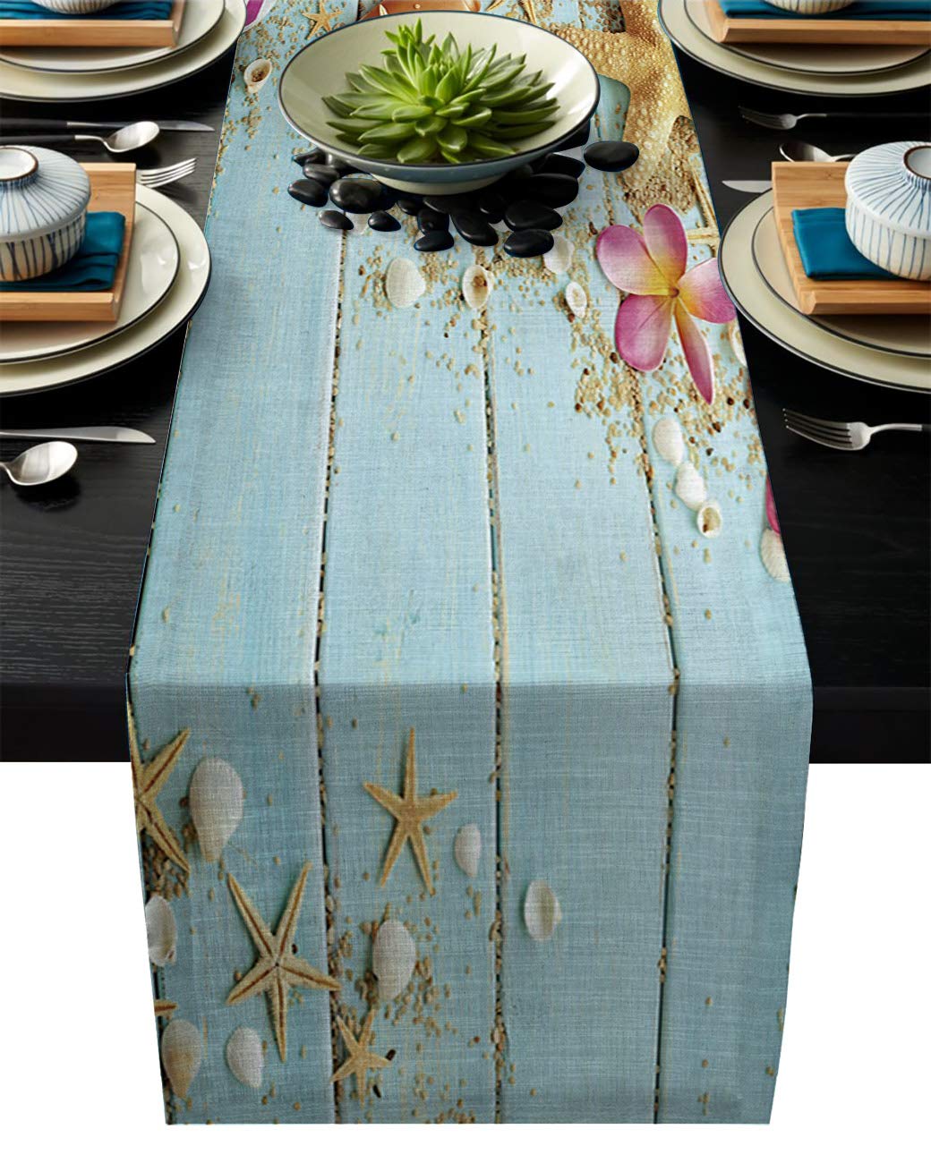 Greeeen Linen Burlap Table Runner, Starfish Kitchen Table Runners for Family Dinner, Banquet, Parties and Celebrations, Be...