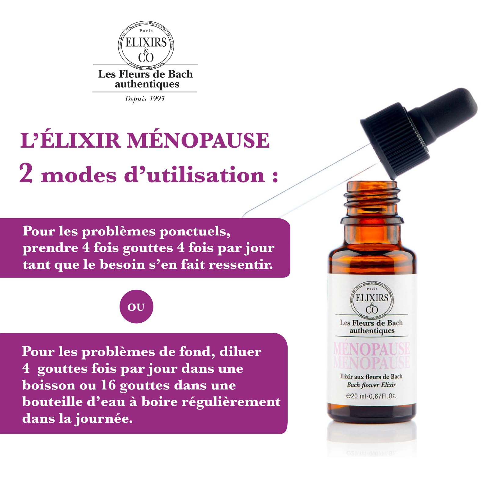 Elixir & Co Ménopause Bio Prêt à l'Emploi, Composé Unique aux Fleurs de Bach 20ml - Calme, Sommeil, Vie Intime Adulte - Compte Gouttes Fleur De Bach 100% Naturel - Fabriqué en France