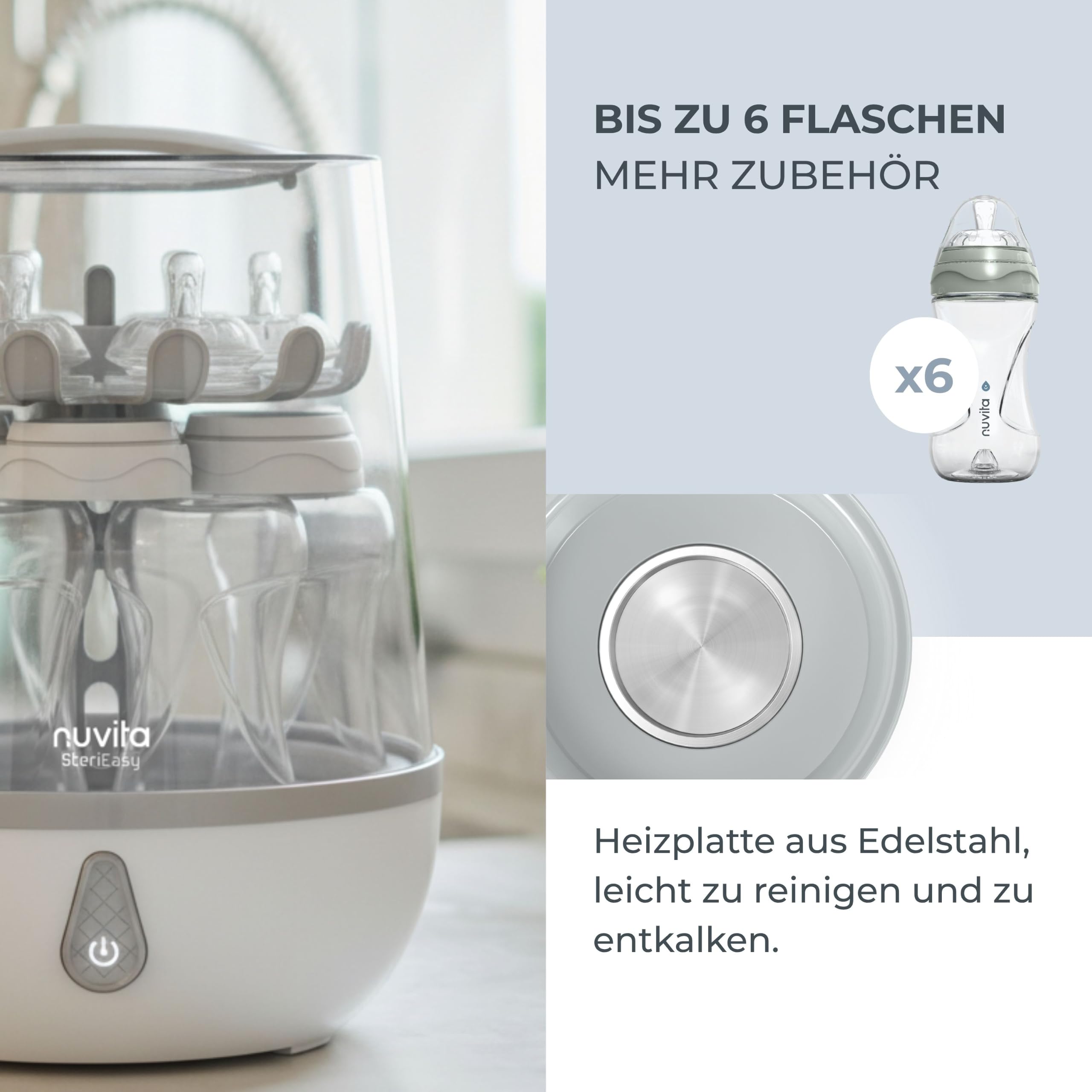 Nuvita Sterieasy 1083 | Elektrischer Dampfsterilisator | Desinfiziert bis zu 6 Babyflaschen in 6 Minuten | Pflegeleichte Edelstahl-Heizplatte | BPA Frei | EU Produkt |Italienisches Design