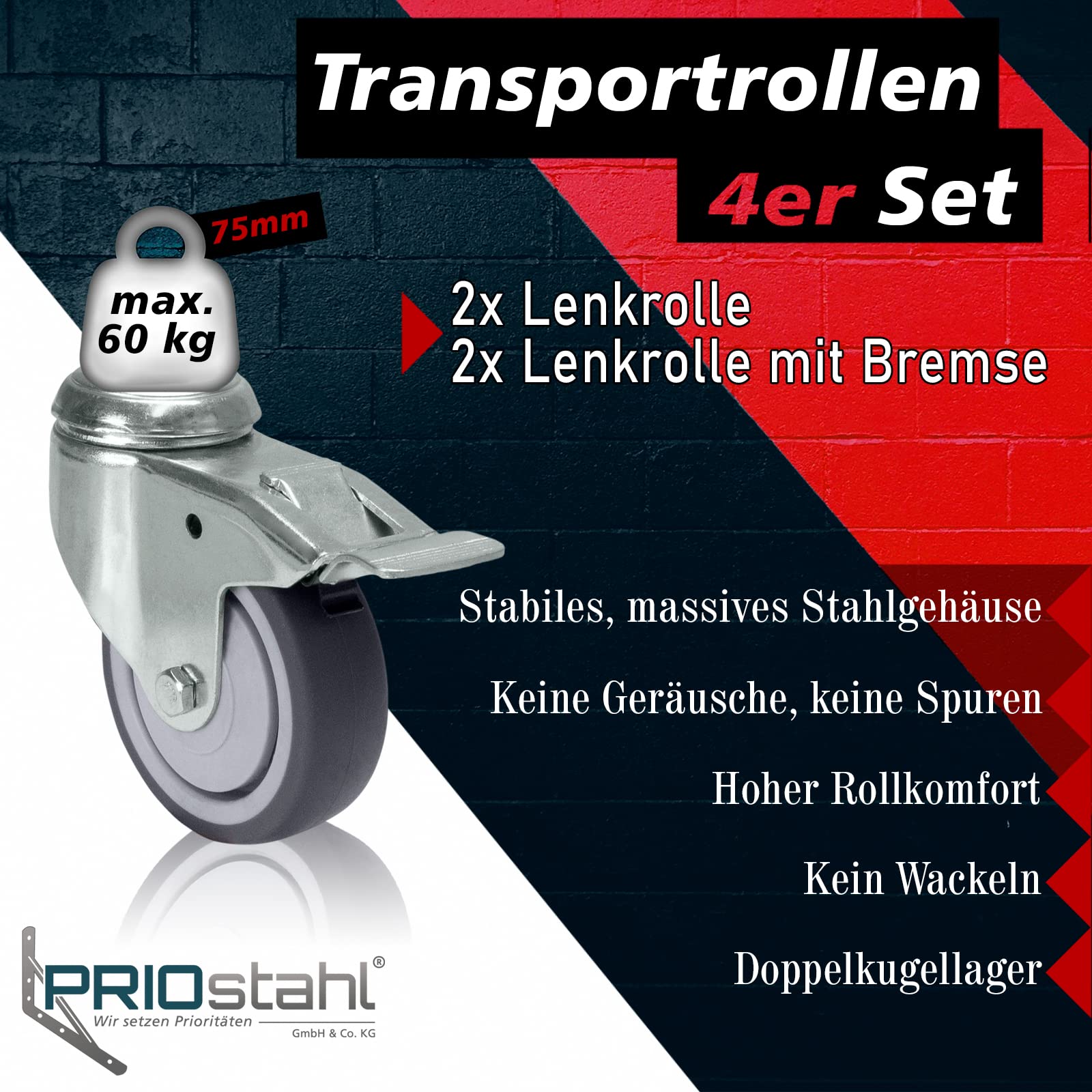 PRIOstahl Möbelrollen mit Rückenloch 75mm Set mit Bremse - Lenkrollen bis 240kg Schwerlastrollen - Spurlos Abrollende Laufrollen Rollen für Möbel Arbeitstisch Werkstatt Räder Rollbrett Transportroller