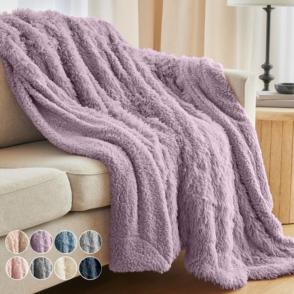The Connecticut Home Company Soft Fluffy Warm Shag and Sherpa Throw Blanket, Luxury Thick Fuzzy Blankets for Home and Bedroom Décor, Comfy Washable Accent Throws for Sofa Beds, Couch, 65x50, Purple
