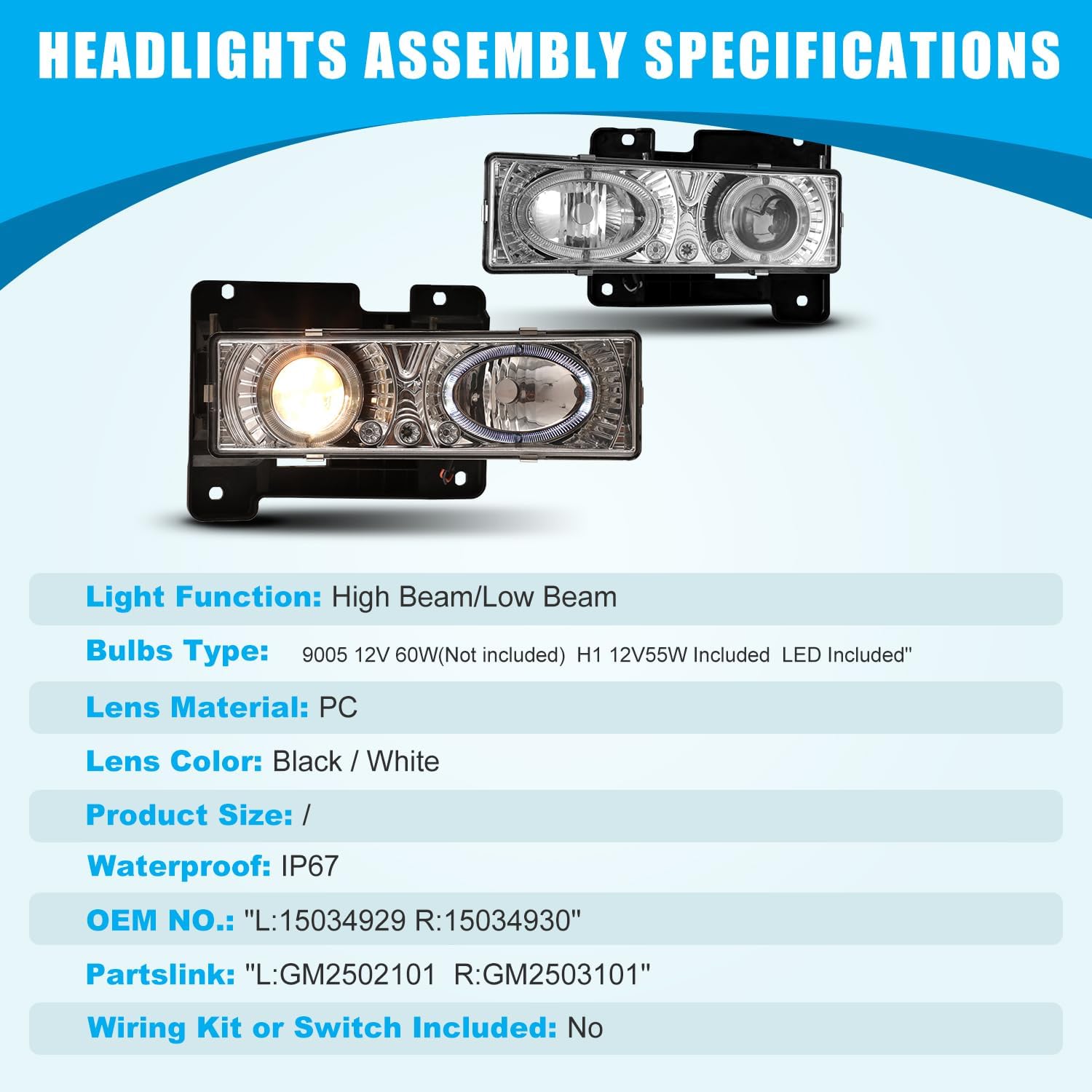 CPW Headlights Fit for Chevy C1500 C2500 C3500 K1500 K2500 K3500 1988-1999 Chevy Suburban 1500/2500 1992-1999 Chevy Blazer 1992-1994 and Chevy Tahoe 1995-2000 Chrome/Clear