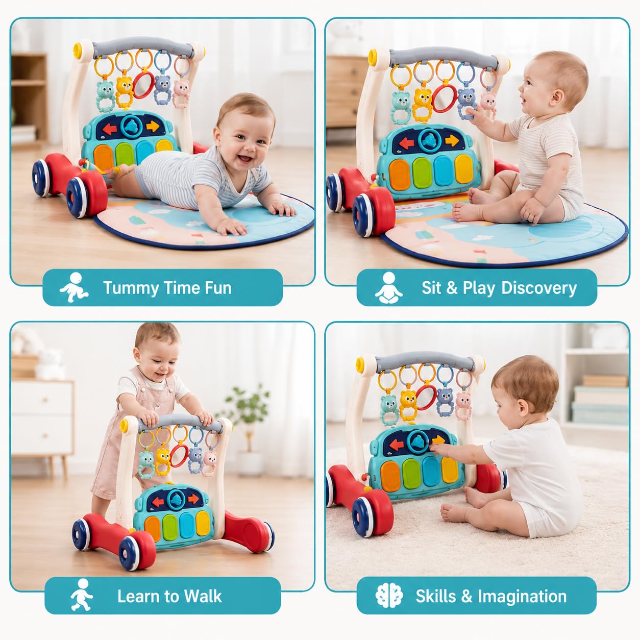 Goyal's 2 in 1 Musical Baby Activity Walker with Convertible Play Gym | Push Walker with Play Piano, Lights, Rattles & Tummy Time Mat for Babies & Toddlers 3