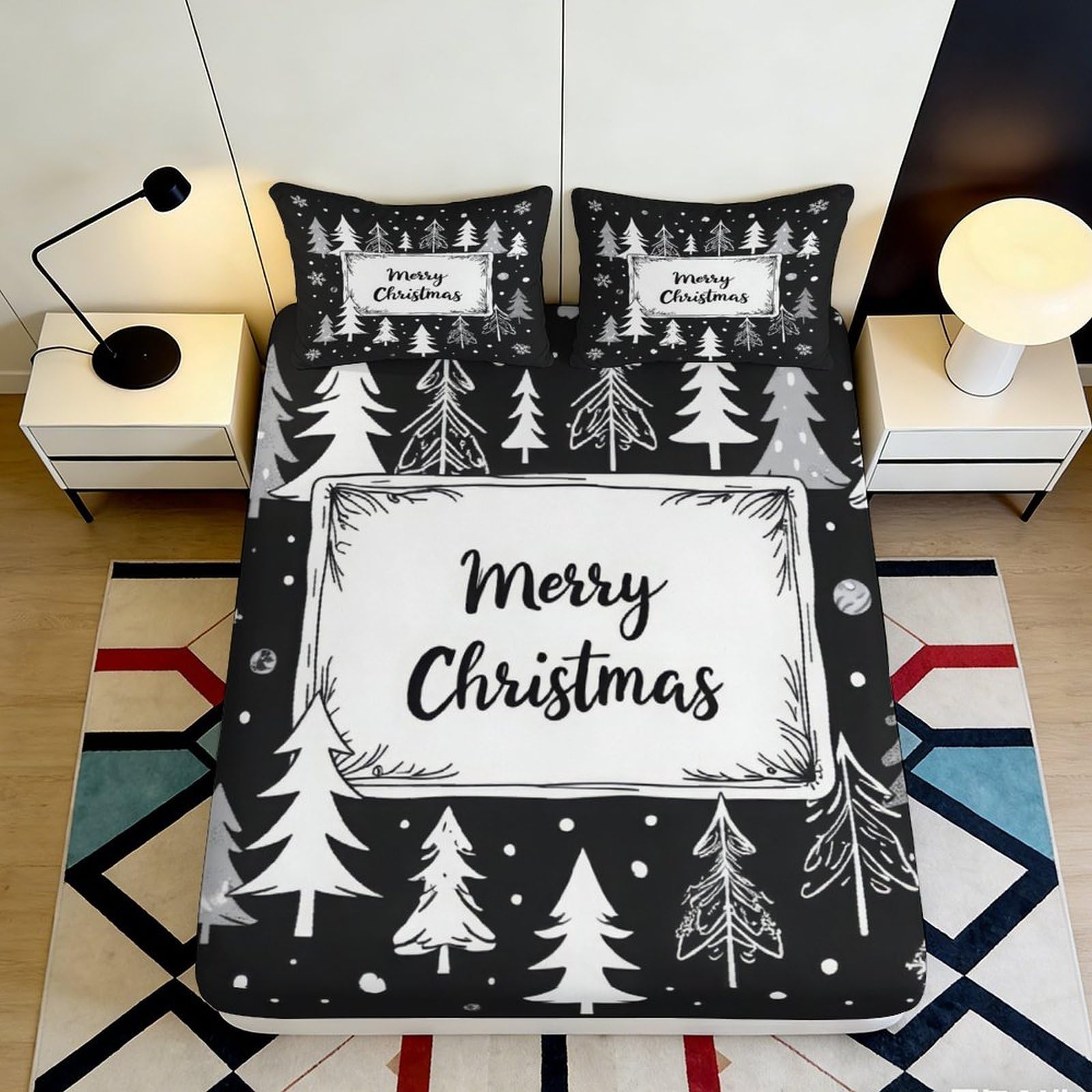 3D Printed Christmas Tree Fitted Sheet Microfiber Soft Durable Merry Christmas Bed Cover for Bedroom Dormitory Guest Room Mattress Protection 120x200x25cm