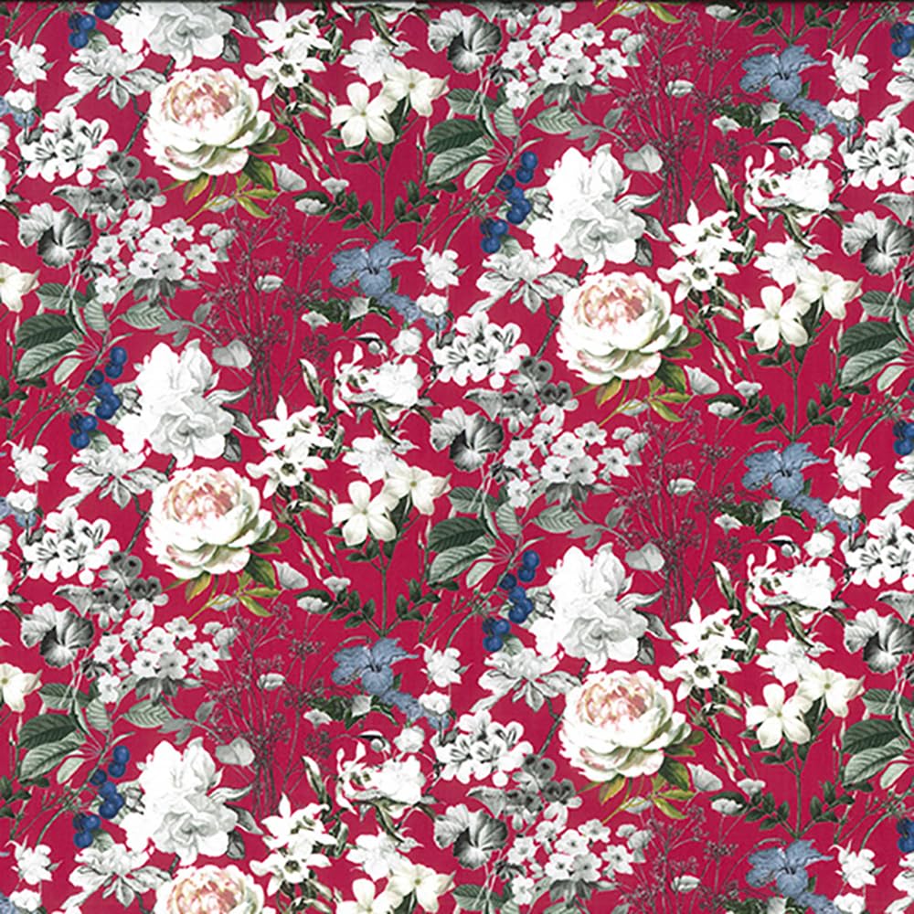 Cotton Fabric Rose & Hubble Beautiful Flowers On Ruby Red Background - 56" / 144cm Wide Craft Material Metre