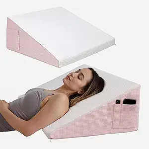 Wedge Pillow for Headboard, 12’’ Triangle Elevated Bed Wedge Pillow for Acid Reflux Relief, Sleeping, Post Surgery, Back Pain Relief, Snoring, Soft Memory Foam Top & Washable Breathable Cover, Pink