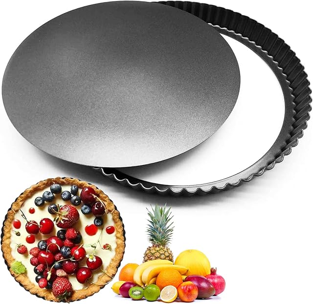 GIAK Loose Bottomed Tart Tin Removable Quiche Tart Pan Non-Stick 28cm Tart Tin Fluted Round Quiche 11 Inch Quiche Dishes for The Oven