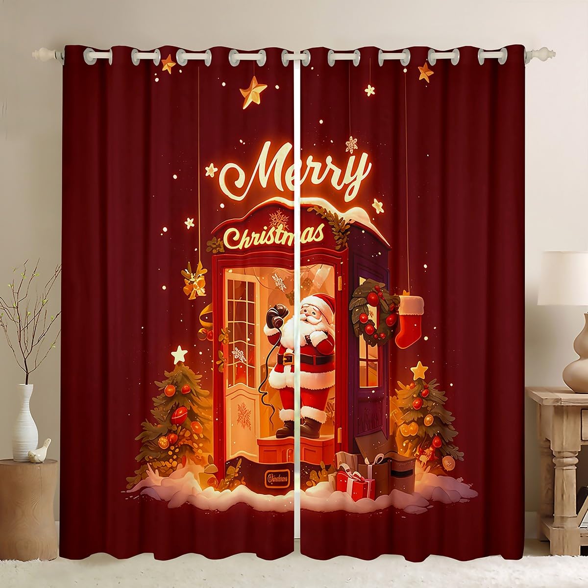 Homemissing Xmas Santa Curtains (2 Panels,W66*L72) For Bedroom Kids Boys Girls Retro Telephone Booth Window Curtains Christmas Theme Blackout Curtains Merry Christmas Window Treatments Decor โ image 1