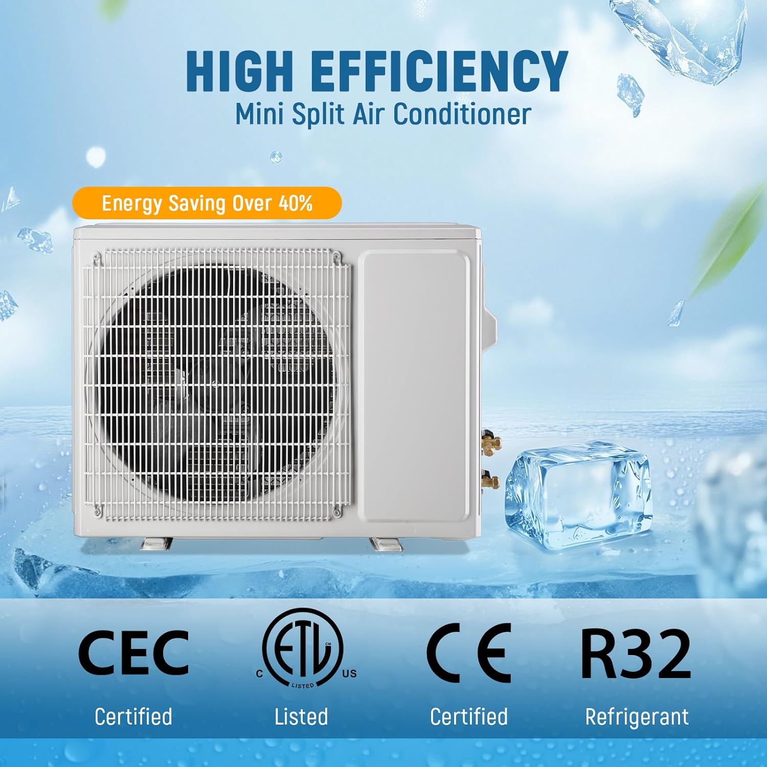 Indoor unit displaying icons for Cool, Heat, Dry, Fan, Auto, and Eco modes, indicating the multi-functional capabilities of the mini split air conditioner.