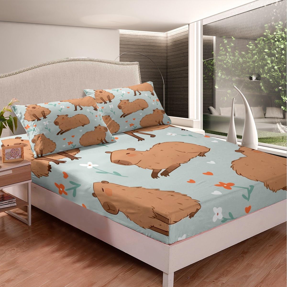 Loussiesd Juego de sábanas Capybaras florales para niños, sábanas Capybara de dibujos animados con bolsillo profundo, juego de ropa de cama Capybara marrón con 2 fundas de almohada doble