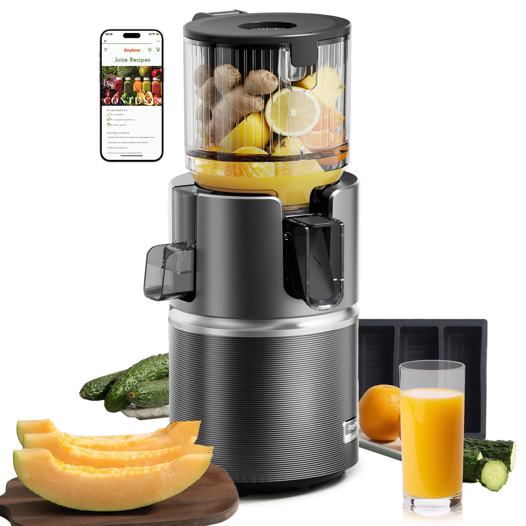 Anybear Cold Press Juicer with 4.9" Large Feed Chute, 350W Masticating Juicer Machines with Dual Slow-Squeezing Technology for Whole Fruits & Veggies with High Yield | BPA-Free Tritan (Grey)