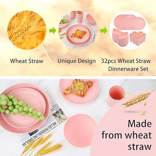 Miniatura 4 de Supernal Juego de vajilla de paja de trigo rosa, platos rosados para 8, juegos de platos y cuencos, platos de plástico reutilizables, platos aptos