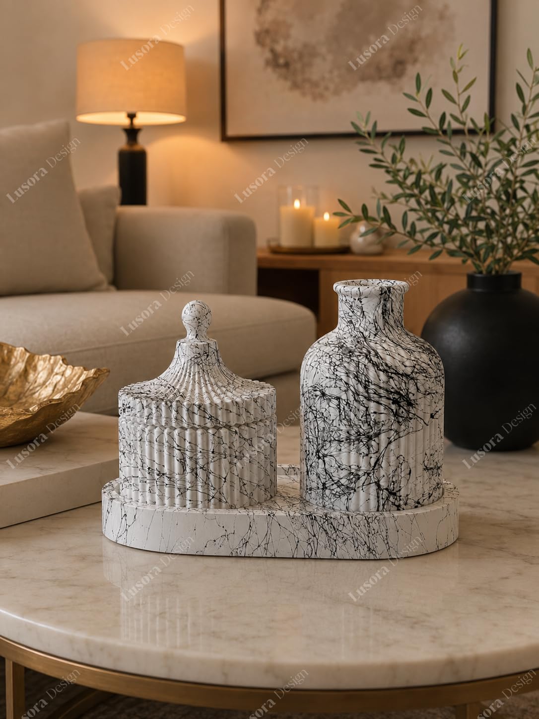 Mermer Desenli Dekoratif Vazo ve Tepsi Seti