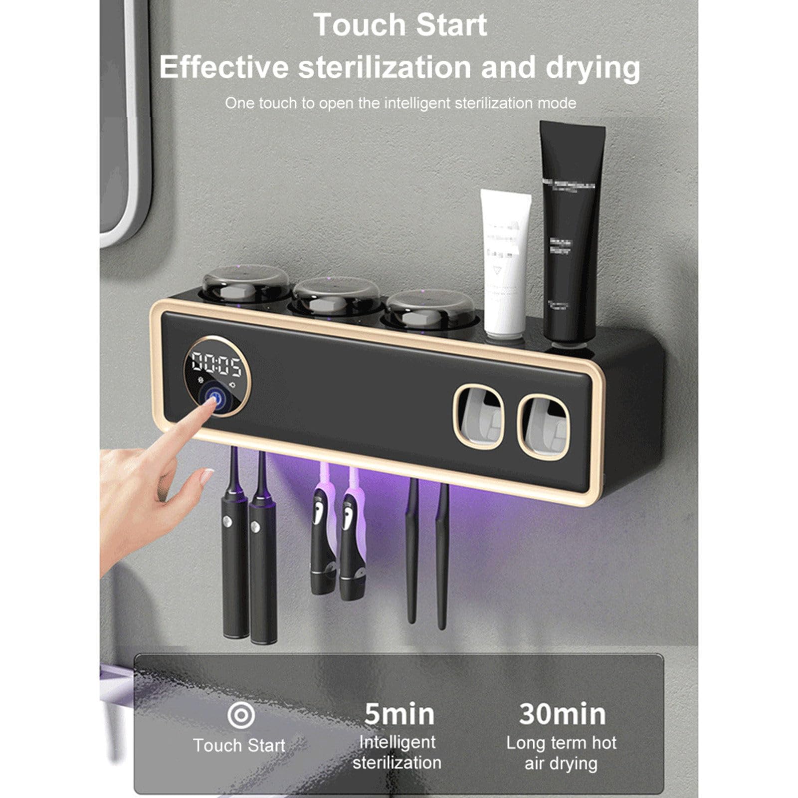 Esterilizador inteligente Uv, organizador sin perforaciones, Set de accesorios de baño, soporte para cepillos de dientes, soporte para cepillos de dientes Uv, sin perforaciones inteligentes,White