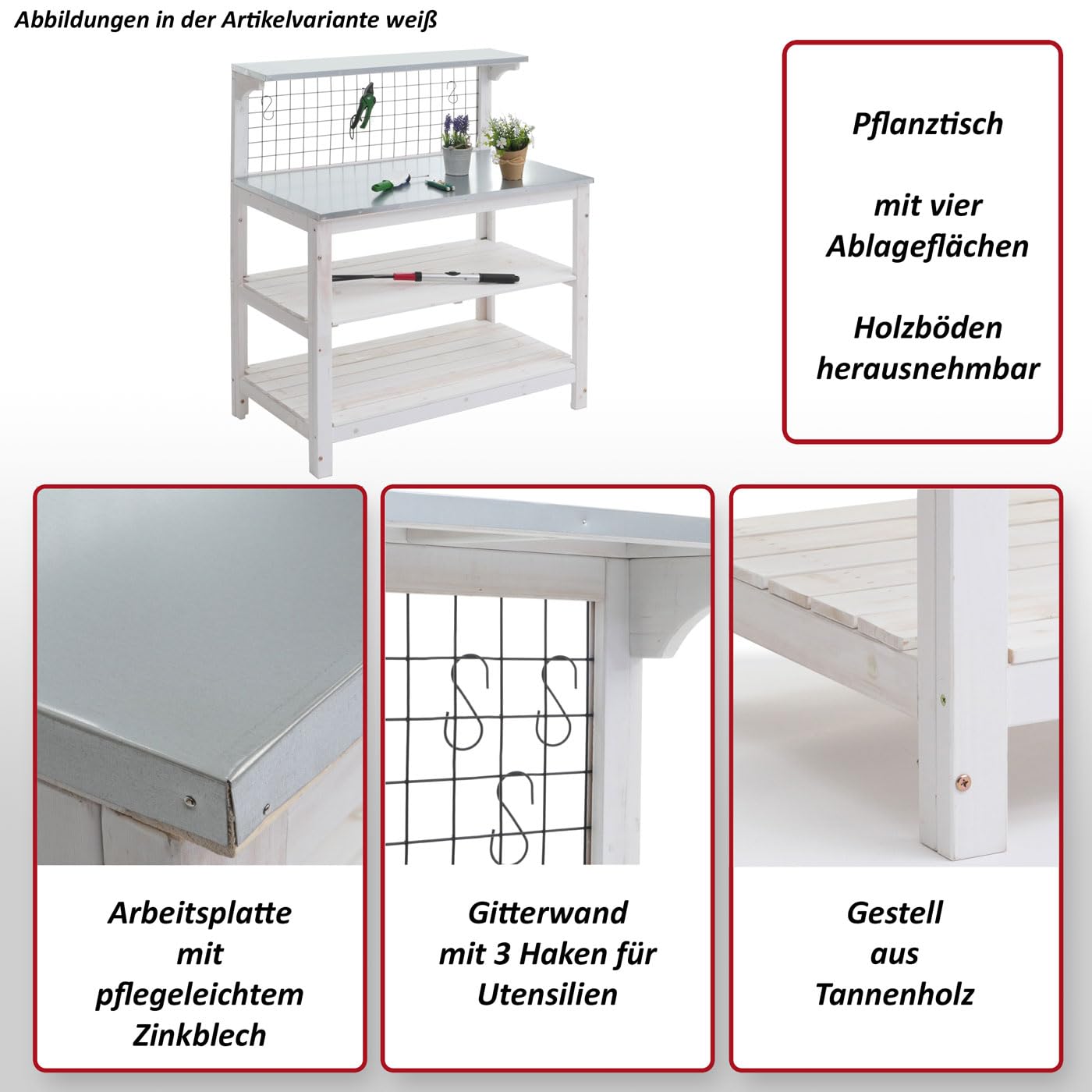 Mendler Tavolo giardinaggio piante HWC-N55, scaffale per fiori, piano zincato legno certificato MVG, 117x102x56cm - bianco