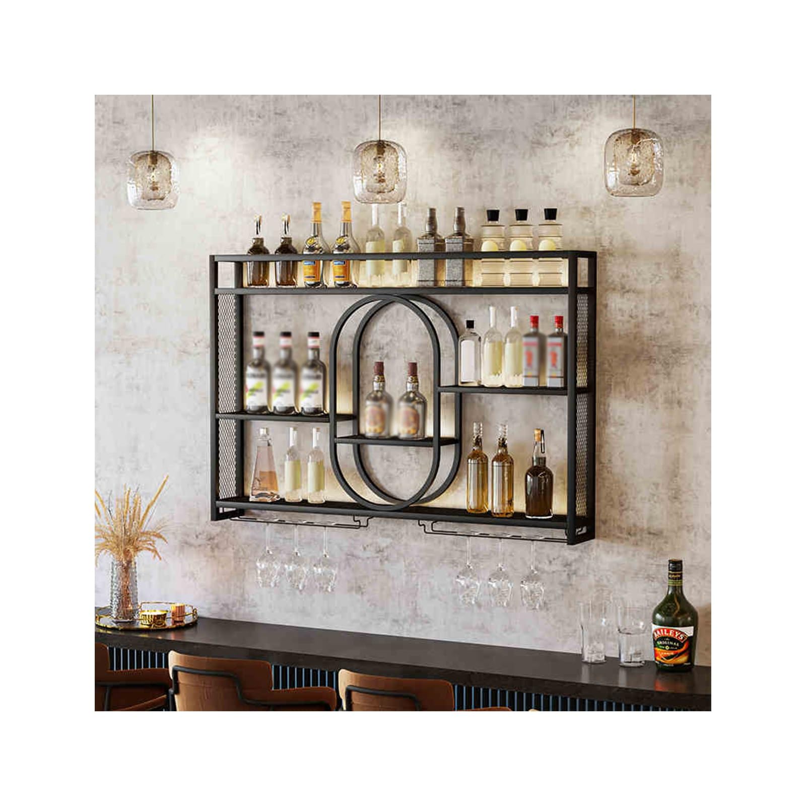 Étagère murale à LED pour bar design en métal noir pour bouteilles haut de gamme
