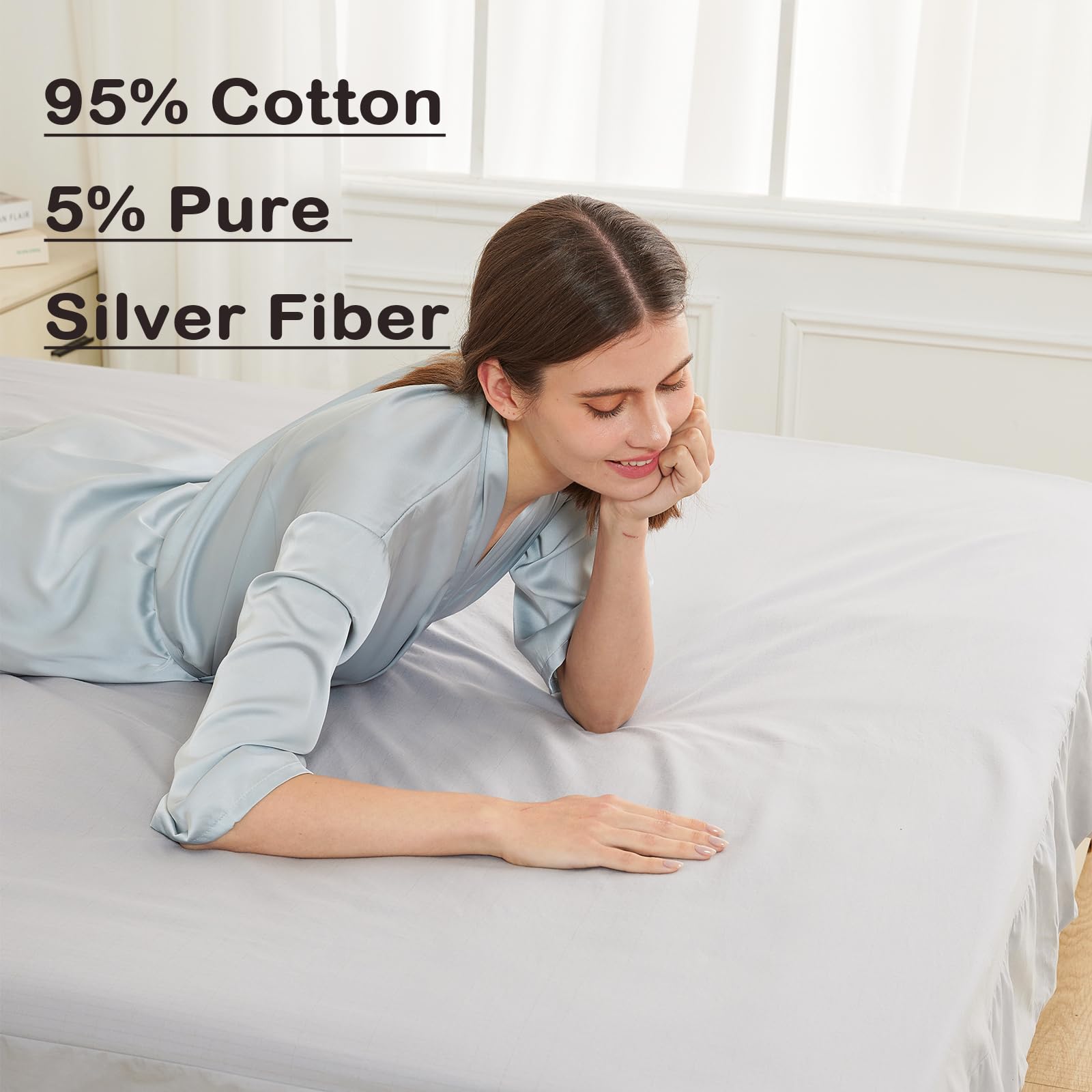 Grounding Fitted Sheets 5% Pure Silver Fiber and 95% Cotton Earth Grounded Well Bed Sheets for Improved Sleep Reduced Stress Anxiety(Gray, King)
