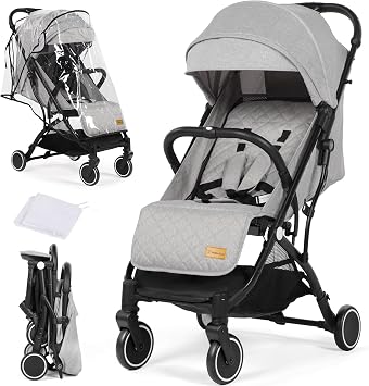 Baby Stroller Pushchair, One-Hand Foldable Compact Travel Stroller Buggy with Rain Cover&Mosquito Net, Lightweight Baby Pram with 5-Point Harness, Adjustable Seat and Large Basket, 0-15KG, Light Grey