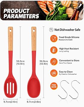 Silicone Cooking Spoons, Great for Scooping Sides and Serving Hearty Stews, BPA-Free Matte Silicone, Wooden Handle Serving Spoon for Nonstick Cooking Surfaces (Red)