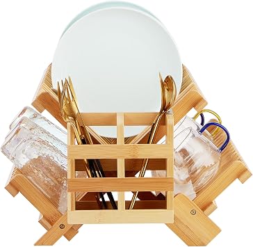 Bamboo Dish Drying Rack, 3 Tier Folding Wooden Dish Rack, Bamboo Dish Drying Rack for Kitchen Counter