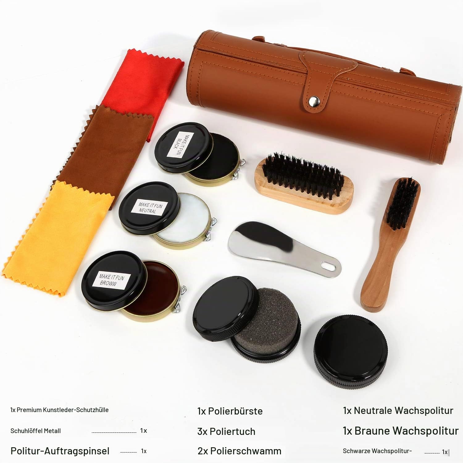 Schuhputz-Set mit einem glatten und eleganten PU Etui, Schuhputz-Reise Set mit Bürste, bestehend aus 12 Teilen
