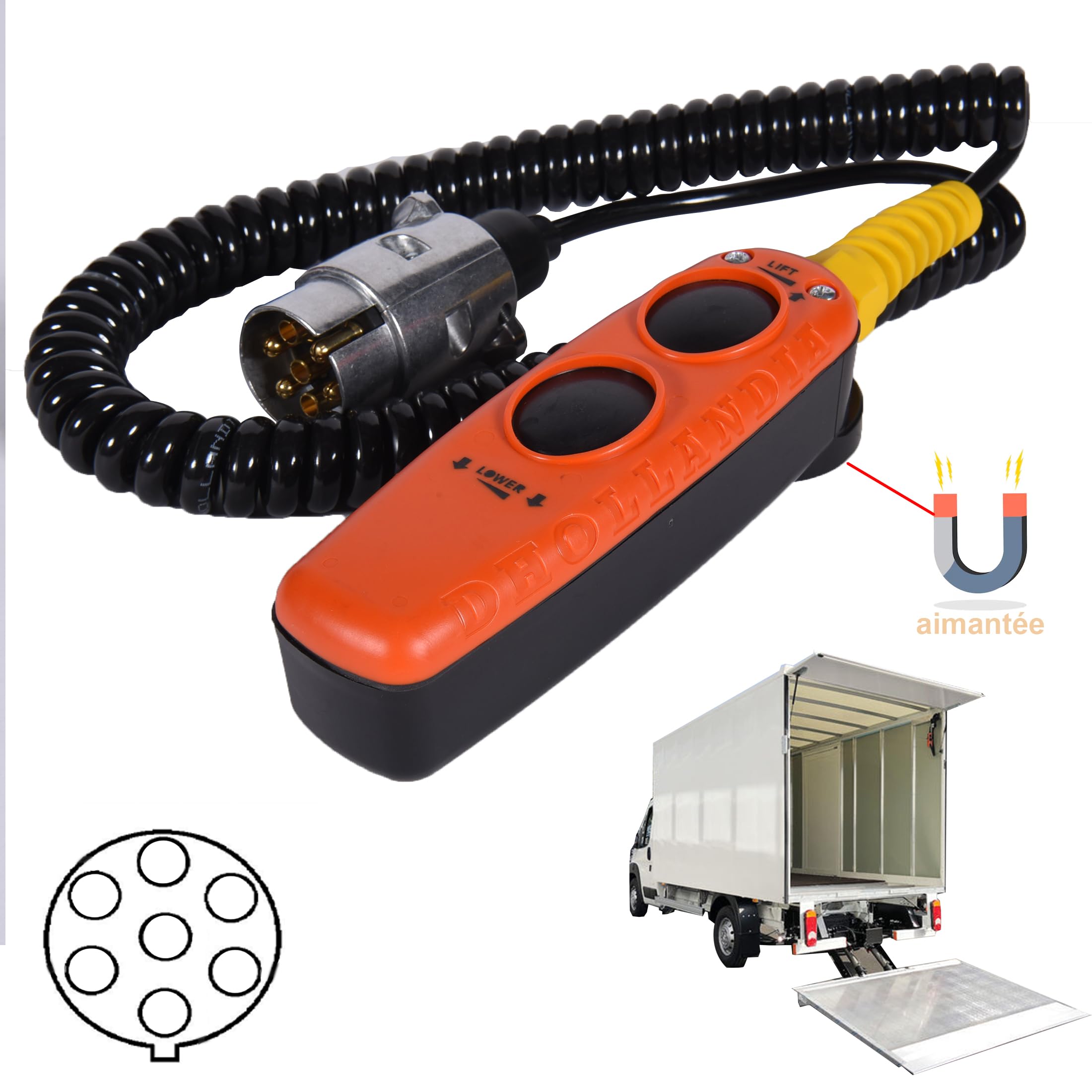 Partsline Télécommande filaire 2 boutons montée/descente pour hayon élévateur prise 7 broches fixation magnétique équivalent à E0787.2.H - DHOLLANDIA, ERHEL, MBB-INTER, MIC, ANTEO, HYDRIS