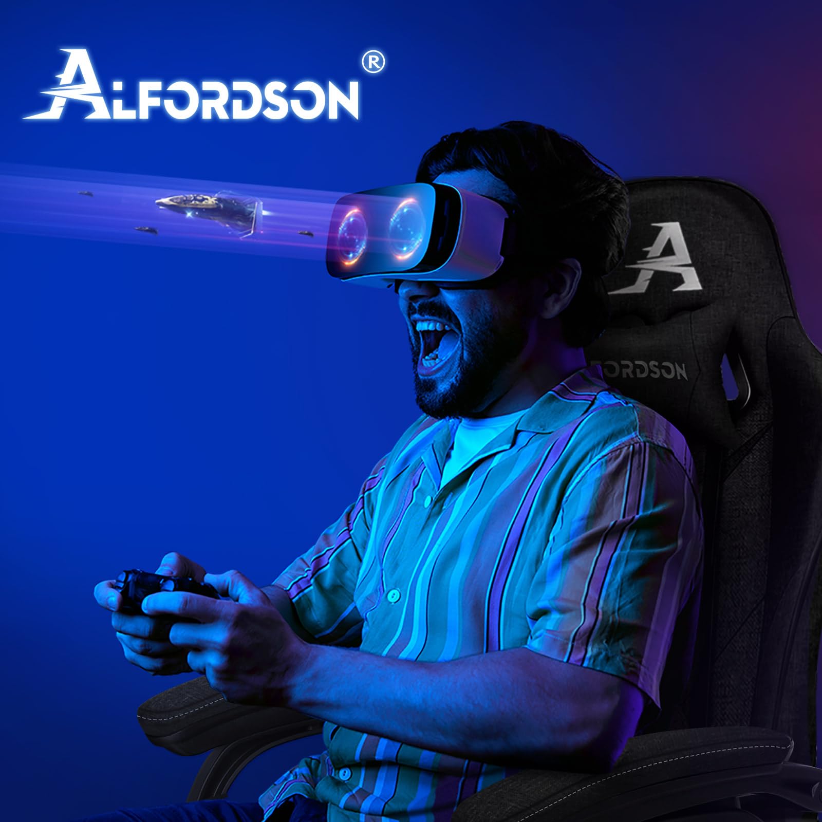 ALFORDSON Sedia da Gaming, Sedia da Corsa con Massaggio a 2 Punti per Gioco, Sedia da Computer ergonomica con Cuscino Lombare, Altezza Regolabile, Tessuto, Nero