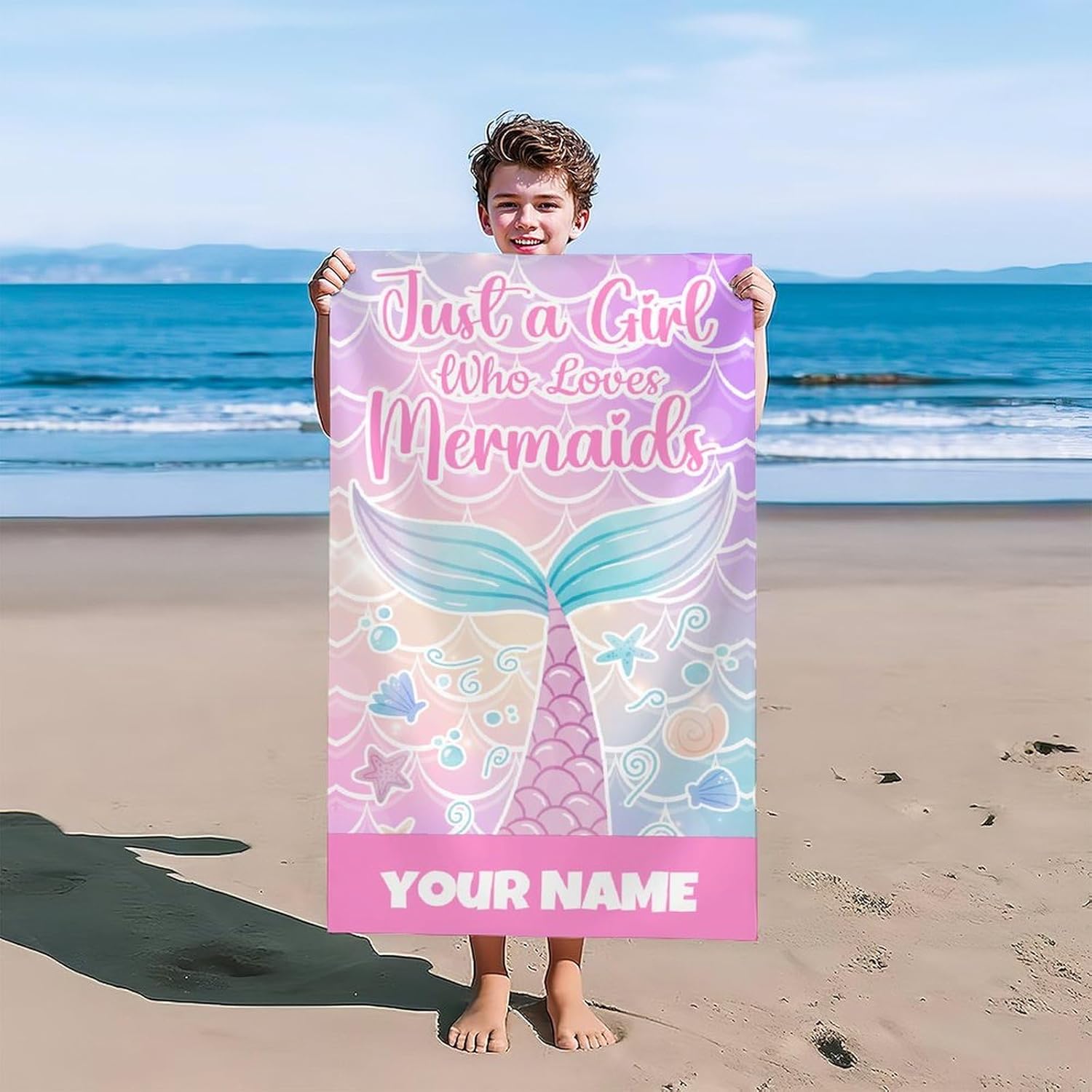 Custom Beach Towels with Names - 40"x70"Oversized Mermaid Beach Towel for Girls - Absorbent Travel Blanket for Bath, Swim & Pool