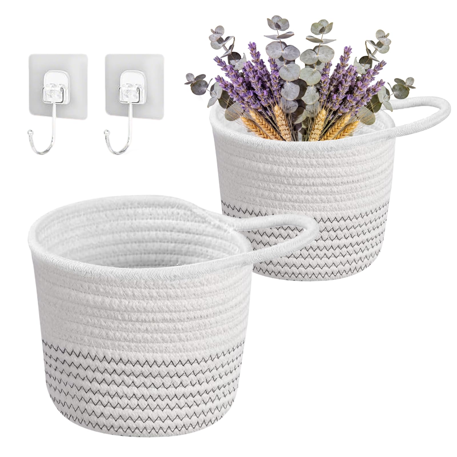 Hängekorb,2 Stück Wandkörbe Baumwollseilflechten mit Haken,15 x 15 cm Aufbewahrungskörbe Hängekörbe Korb zum Aufhängen Körbchen für Küche, Bad, Schlafzimmer, Wohnzimmer (Weiß+Schwarz)