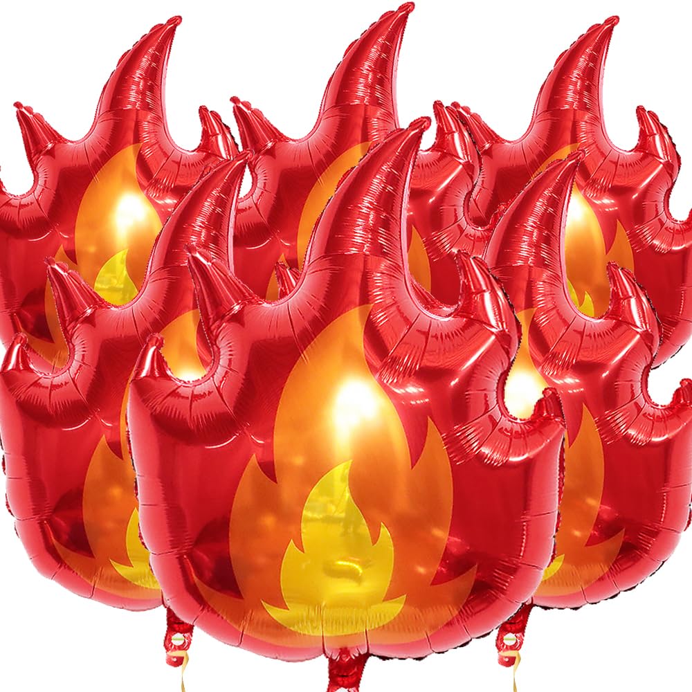 6 Pcs Fire Balloons Flame Aluminium Birthday Balloons 57x70cm/22x27inch Fire Engine Birthday Party Decoration Flame Balloon Foil Firefighter Theme Christmas Halloween Party Supplies Souvenir