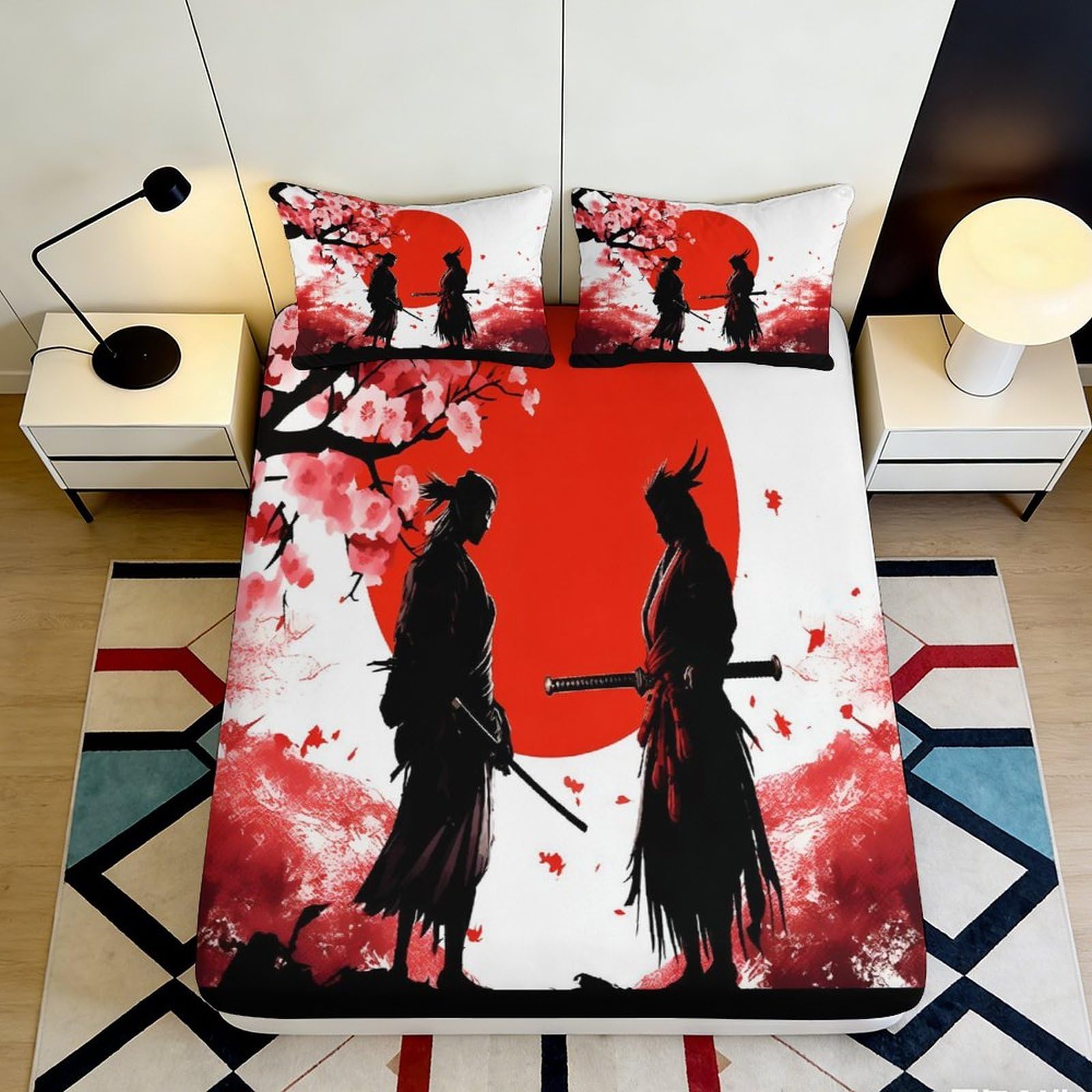 Pnayamiorkfel Style-3 3D Printed Samurai Sunset Fitted Sheet Microfiber Cherry Blossom Bed Cover Non-Slip Machine Washable For Bedroom 90X200x25cm