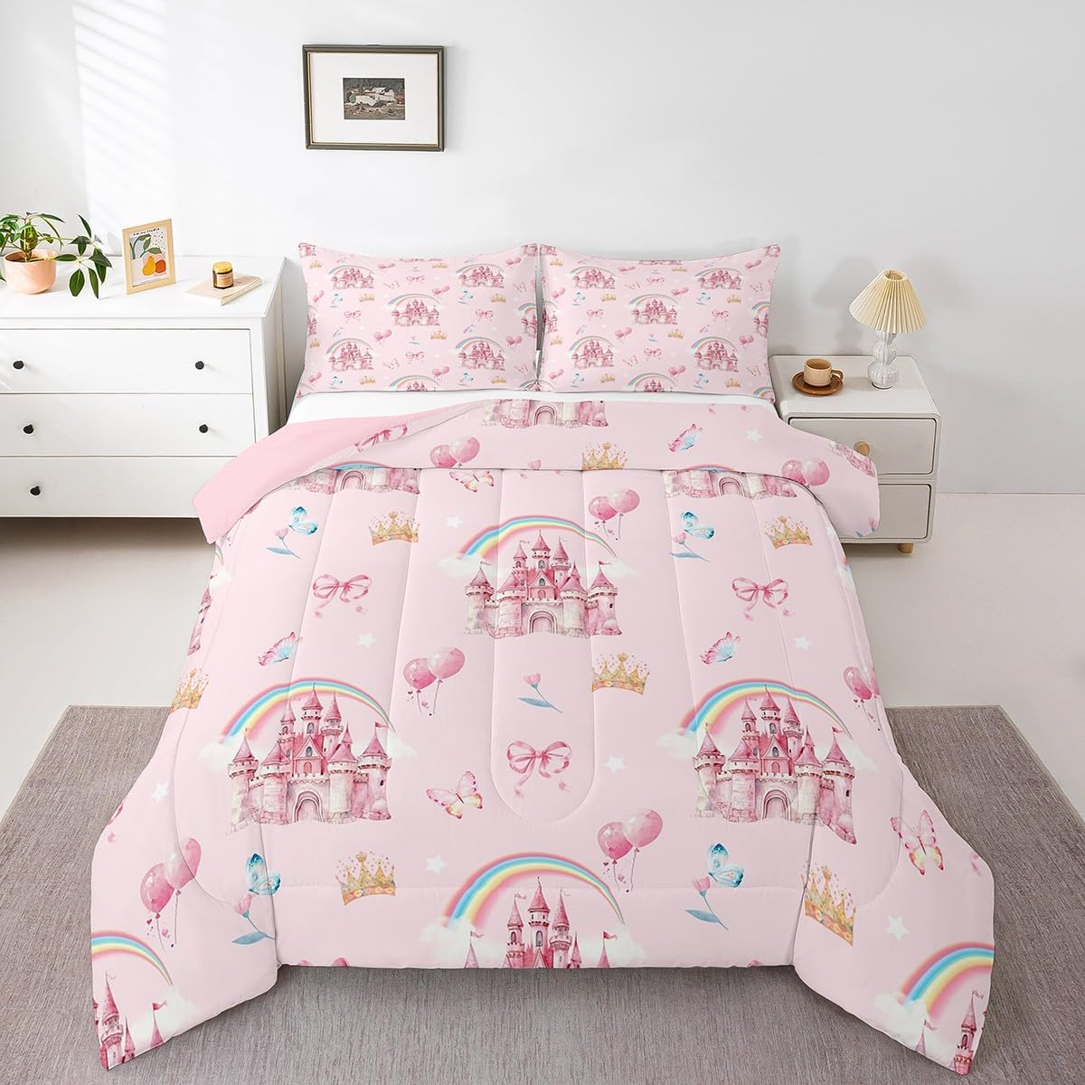 jejeloiu Pink Castle Bedding Set King Size Cute Rainbow Comforter Set for Kids Adult Boys Girls Butterfly Crown Duvet Set Balloon Quilt Set 3Pcs