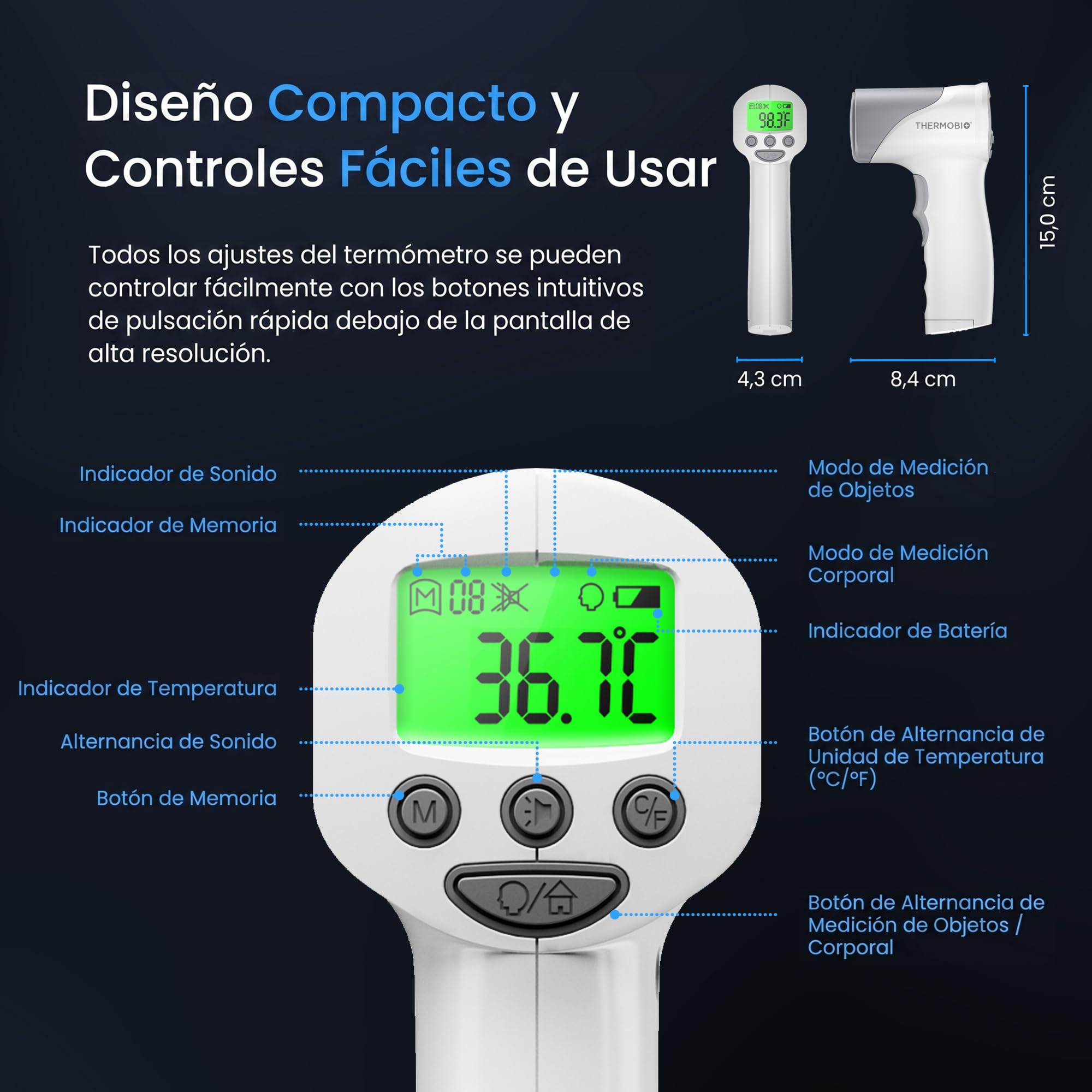 THERMOBIO Termómetro Infrarrojo Frontal Sin Contacto De Grado Médico, Termómetro Digital Tipo Pistola Para Adultos Y Bebés, Resultados Instantáneos En 1 Segundo