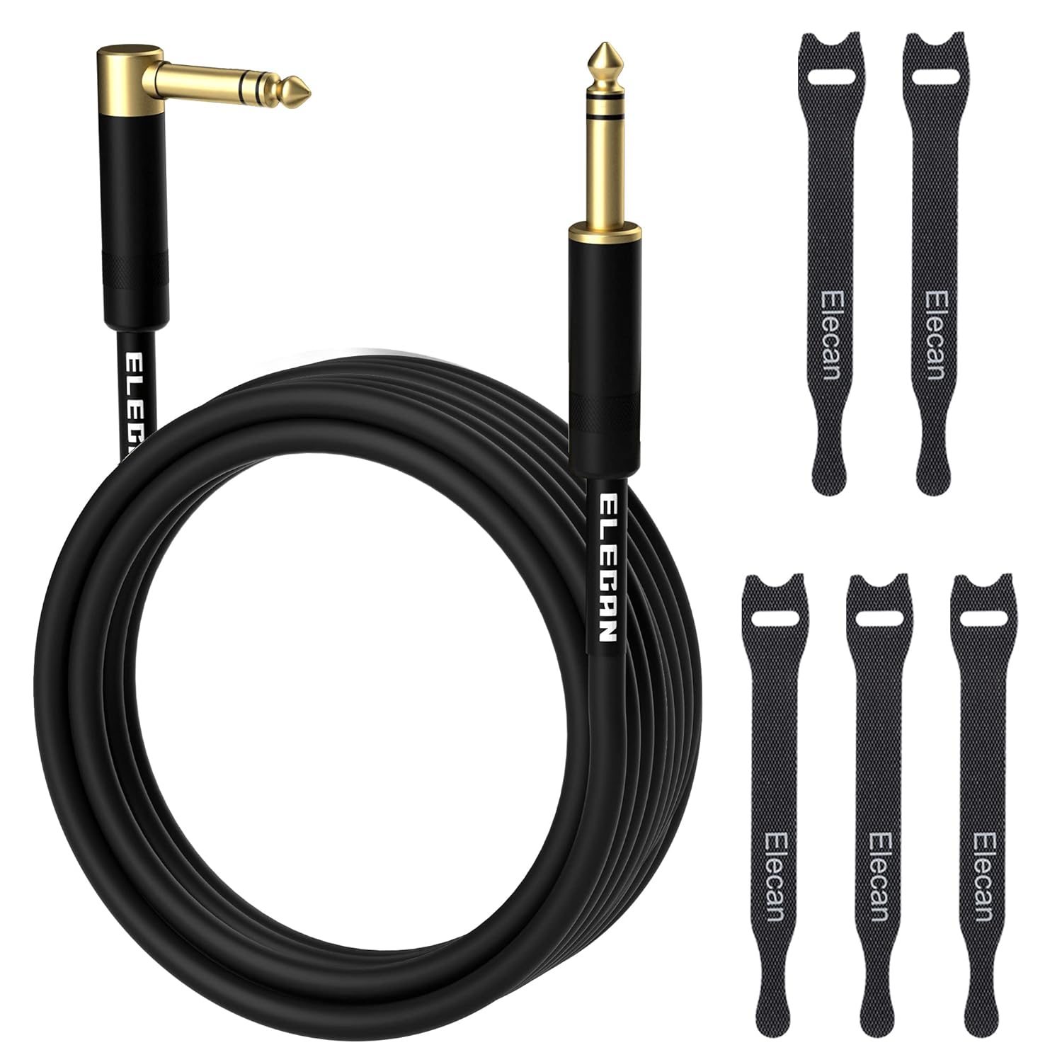 elecan 1/4 inch trs instrument cable 50 ft- right angle to straight 6.35mm male jack stereo audio interconnect cord- gold plated- 90 degree 6.35 mm balanced line for electric guitar bass+ 5 ties