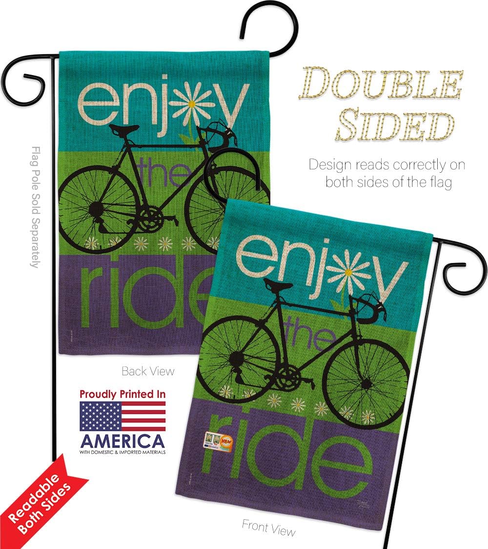 Bike Ride Burlap Garden Flag Set with Stand Sports Cycling Bicycle Velo Entertainment Activity Physical Small Decorative Gift Yard House Banner Double-Sided Made In USA 13 X 18.5