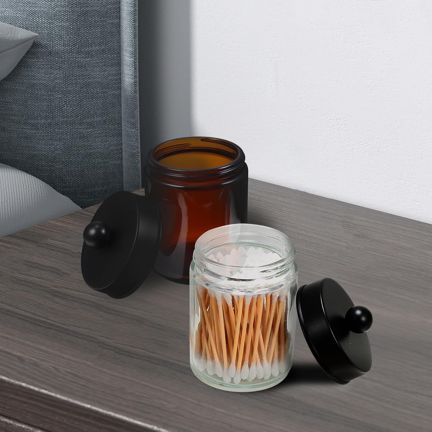 2pcs Glass Cotton Swab Organizer and Cotton Pads Container for Bathroom Counter or Dresser, Compact round Jars to Keep Small Items Tidy and Organized