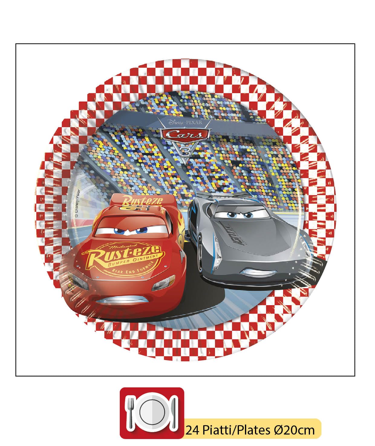 Party Tableware Set Disney Cars 3 for 24 people (112 pcs: 24 paper plates Ø23cm, 24 paper plates Ø20cm, 24 cups 200ml, 40 paper napkins 33x33cm)