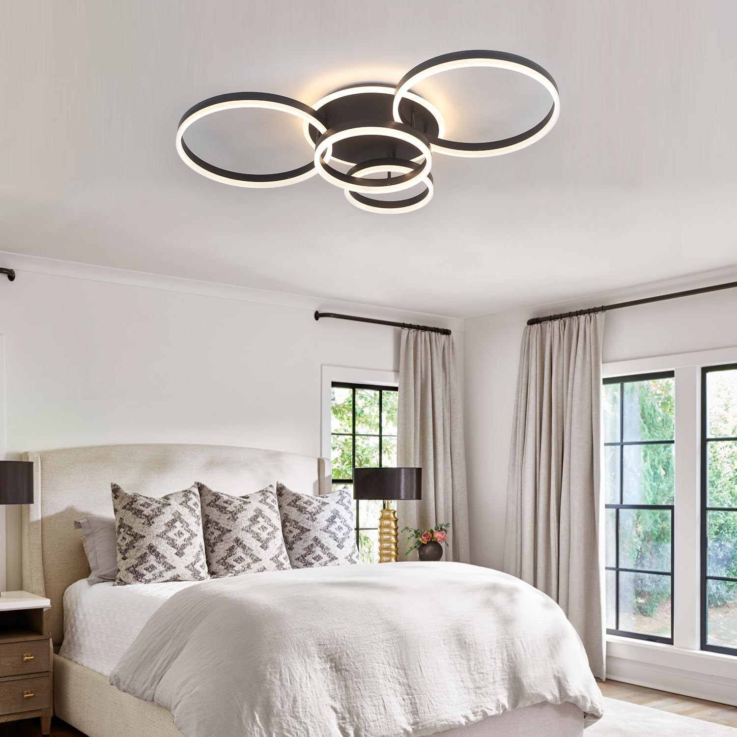 4-Rings Modern LED Chandelier with Remote Semi-Flush Mount Ceiling Light Dimmable 39’’ Black Ceiling Lamp with Remote for Living Room Dining Room (3000K-6500K)
