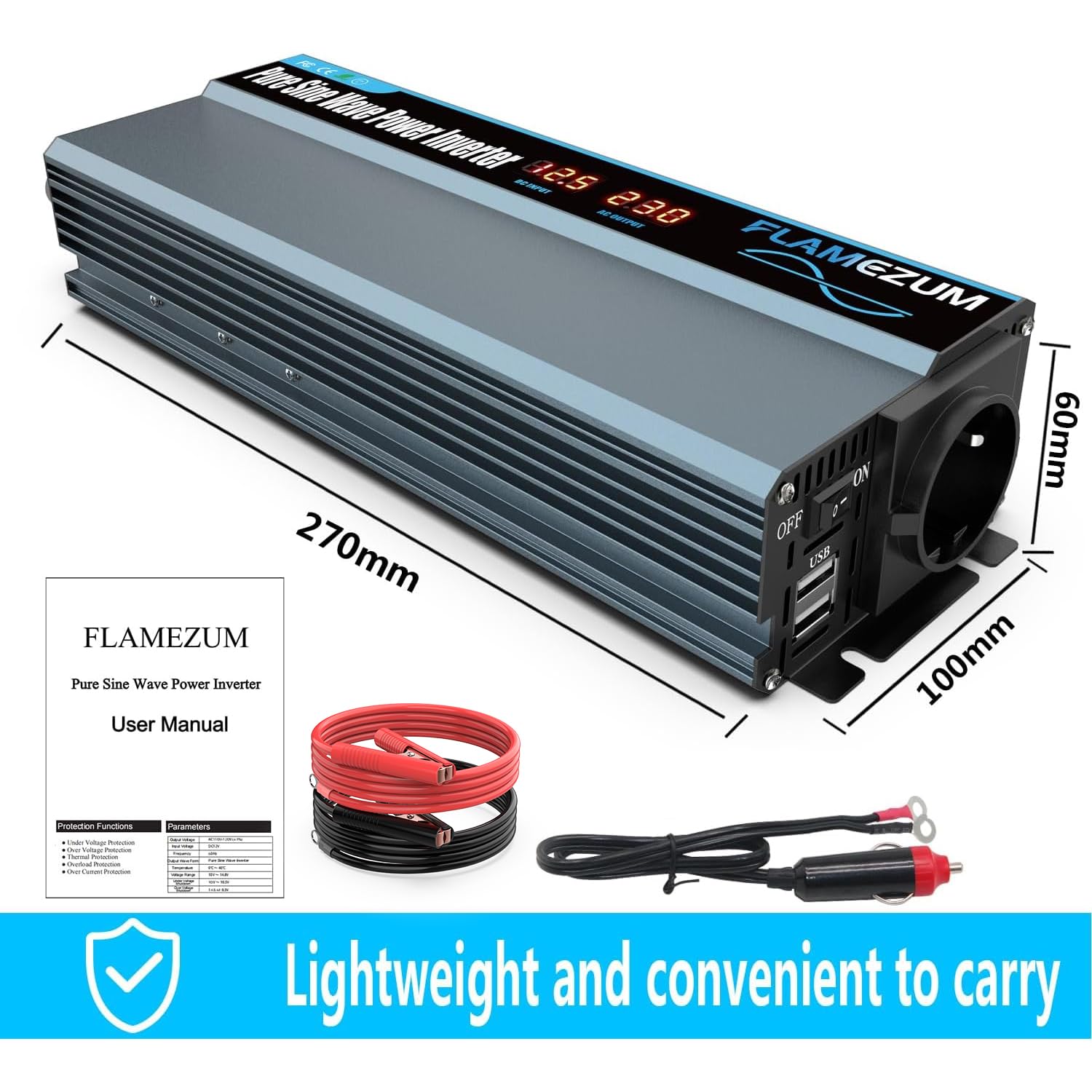 FLAMEZUM Falownik 12 V 220 V Czysta Fala 1000 W DC 12 V Na AC 230 V Z 1 Gniazdem UE I 2 Portami USB Falownik Słoneczny DC AC Konwerter Prądu Przemiennego Do Samochodów Kempingowych Ciężarówek