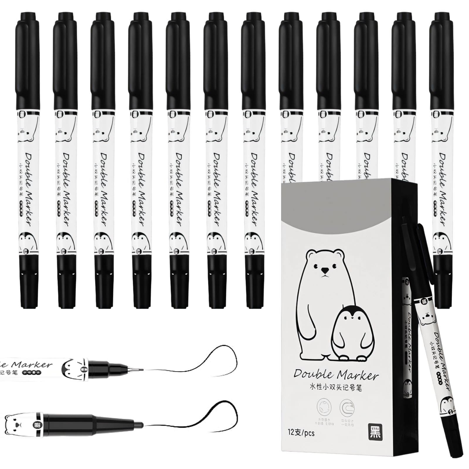 Homirty Rotuladores Negros de doble 12 piezas Rotuladores Lettering Paquete 1/0.5 Consejos Marcador Negro para Notas de Revista Dibujo Arte Dibujo de Pintura Suministros de Oficina de la Escuela