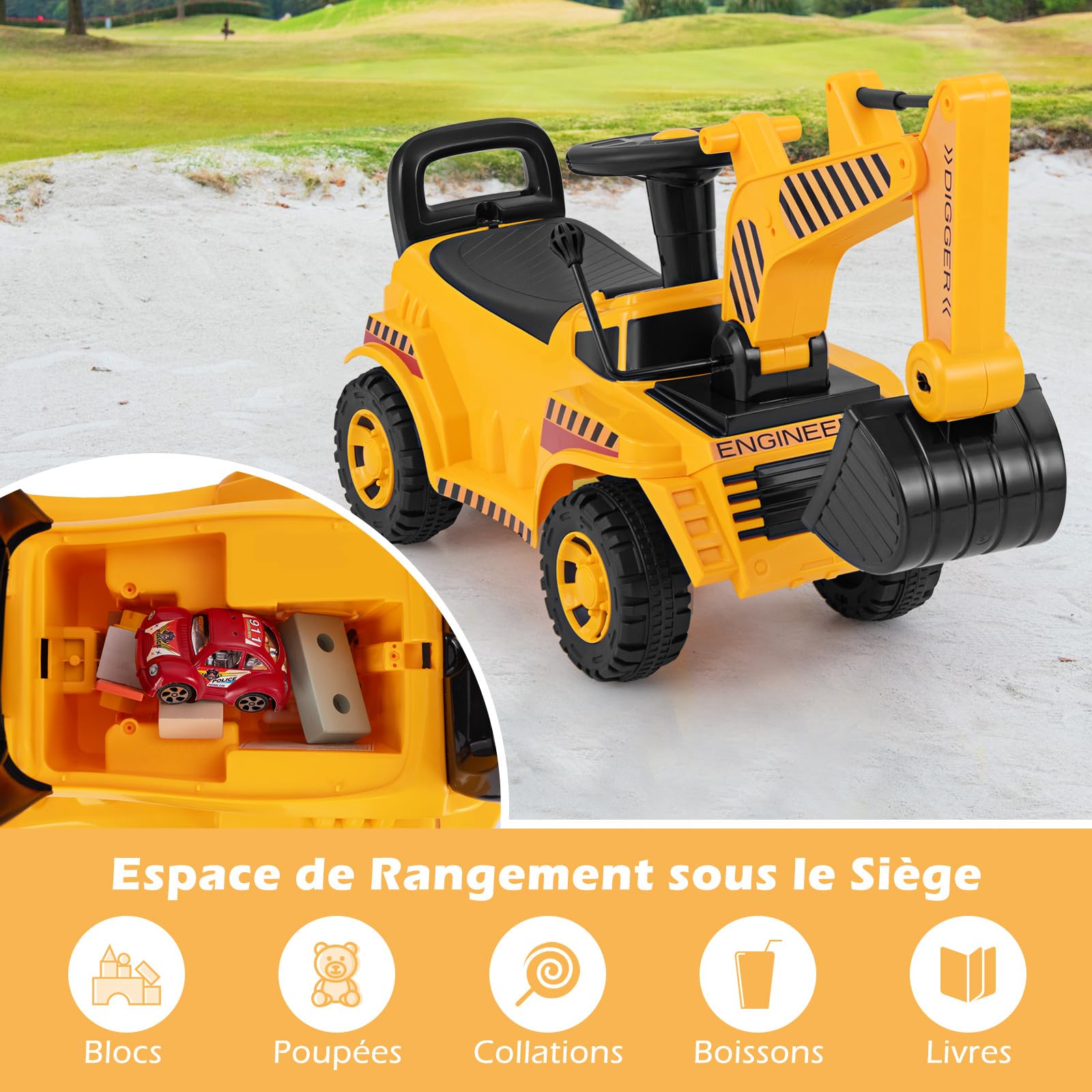 COSTWAY Tractopelle Enfant avec Pelle Réglable & Son du Moteur, Pelleteuse Enfant avec Bloc Anti-basculement, Espace Caché, Charge 15KG, Excavateur pour Enfant de 19-36 Mois