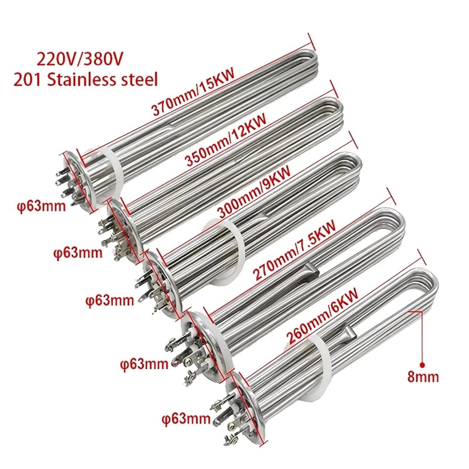 220V 380V Water Heating Element Flange Disc 63MM 3 Phases Heater Resistance 6KW 7.5KW 9KW 12KW 15KW with Probe Hole 1Pcs(220V,6KW 260MM)