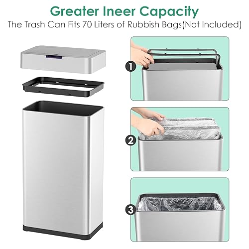 Miniatura 8 de Arlopu Cubo de basura automático, cubo de basura de acero inoxidable con sensor de movimiento, sin contacto, con tapa de cierre suave, luz de