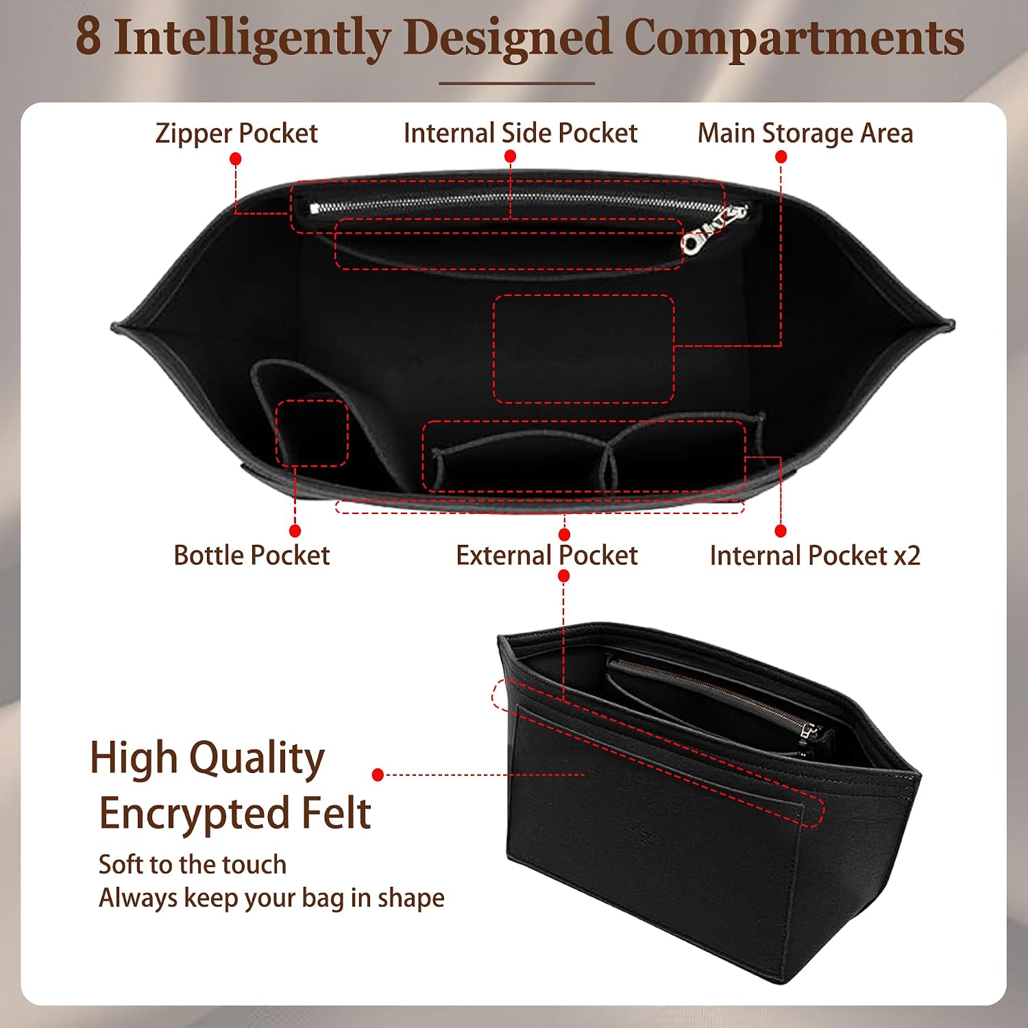 Doxo Purse Organizer Insert for Longchamp Le Pliage Tote, Large Bag Organizer with YKK Zipper Pocket & Cup Holder, Handbag Shaper for Women, Fits Original/Green/Energy L Tote, Black-WL thumbnail