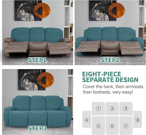 Vista 14 de YEMYHOM Funda elástica de 4 piezas para silla reclinable de jacquard con bolsillo lateral, antideslizante, ajustable, protector de muebles con parte